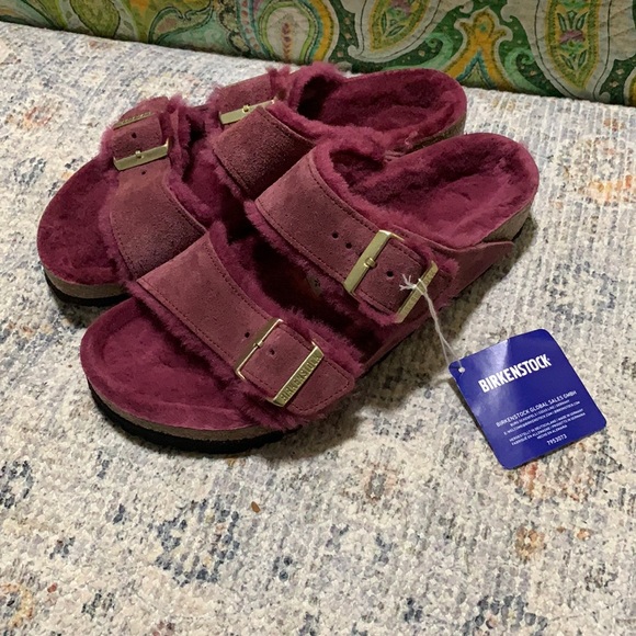 Birkenstock Arizona Shearling Sandals in Maroon - Picture 7 of 14